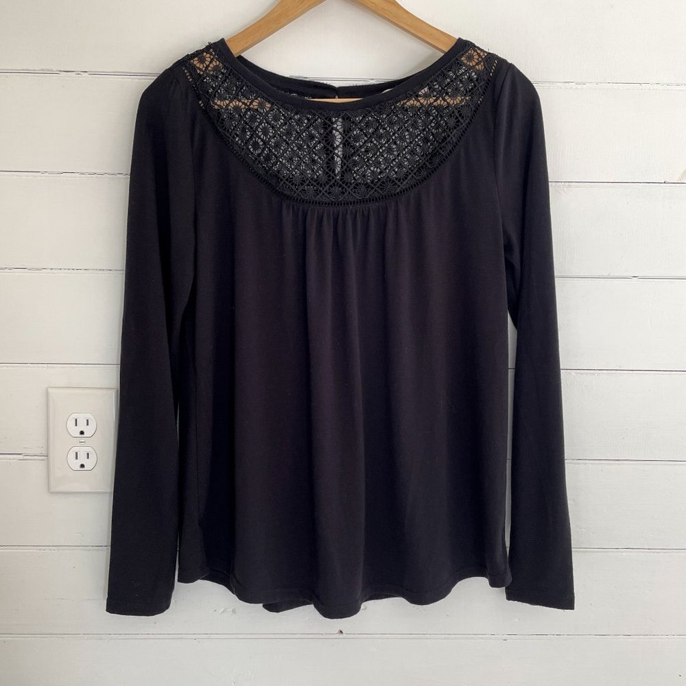 Loft Black Crochet Lace Yoke Top
